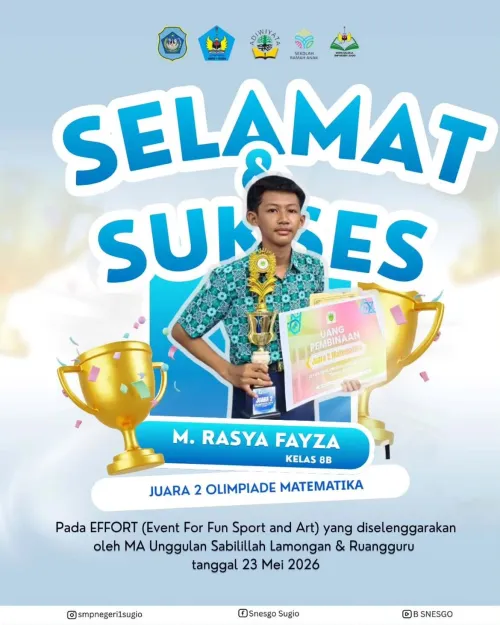 Selamat dan Sukses M. Rasya Fayza kelas 8B atas juara 2 Olimpiade Matematika